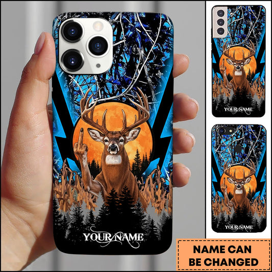 BlueJose Hunting Phone Case Whitetail Deer Middle Finger Moonlight Forest Camo Art Personalized Name Phone Case (4 colors)