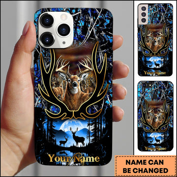BlueJose Hunting Phone Case Majestic Buck Antler Frame Full Moon Forest Camo Scene Personalized Name Phone Case (4 colors)
