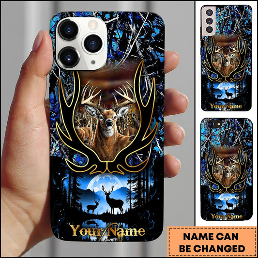 BlueJose Hunting Phone Case Majestic Buck Antler Frame Full Moon Forest Camo Scene Personalized Name Phone Case (4 colors)