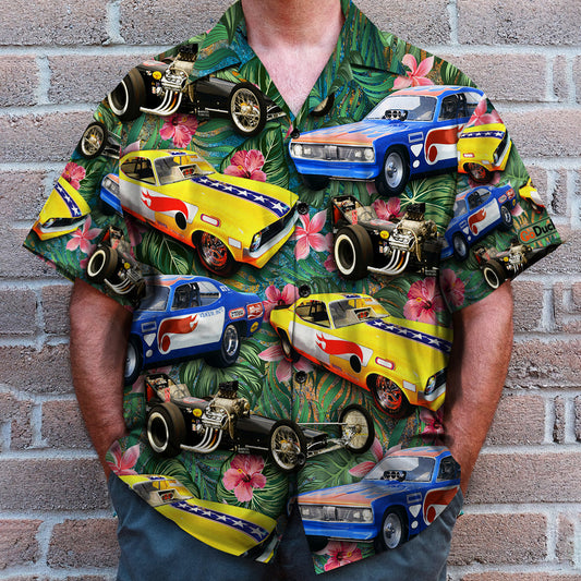 Bluejose Drag Racing Custom Car Photos with Floral Pattern, Personalized Hawaiian Shirt, Gifts for Drag Racers