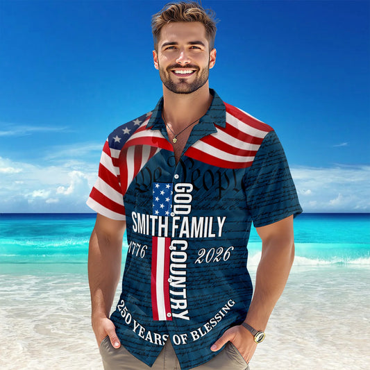 BlueJose Custom Family Name Patriotic American Flag, 250 Years of Blessing God Hawaii Shirt