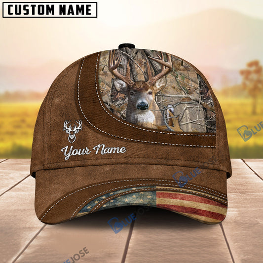 BlueJose Personalized Name Deer Hunting Leather Pattern Cap