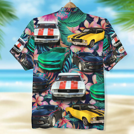 Custom Muscle Car Photo Hawaiian Shirt, Tropical Plants And Hibiscus Flowers Pattern, Summer Gift
