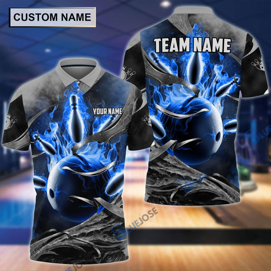 BlueJose Fire Gray Bowling and Pins Personalized Name Team Name 3D Shirt (4 Colors), Personalized Shirts For Bowling Players