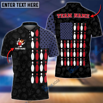 BlueJoses Bowling US Flag Shoulder Customized Name, Team Name 3D Shirt (Black & White)