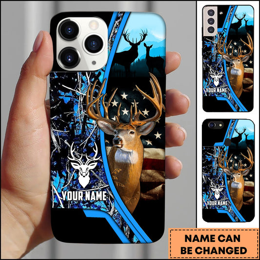 BlueJose Hunting Phone Case Whitetail Deer Camo Forest USA Flag Art Personalized Name Phone Case