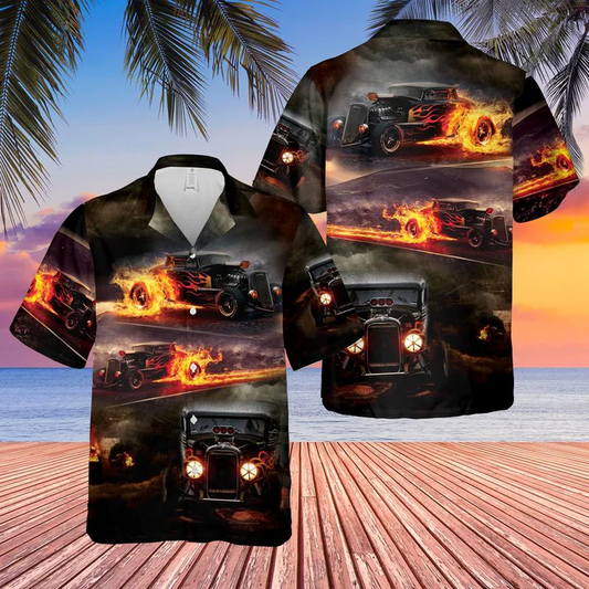 Bluejose Fiery Hot Rod Classic Car Hawaiian Shirt