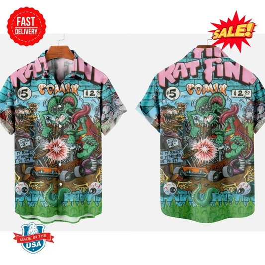Bluejose Vintage Rat Fink Hawaiian Shirt - Speed Demon Cartoon, Hot Rod & Flames Vibes