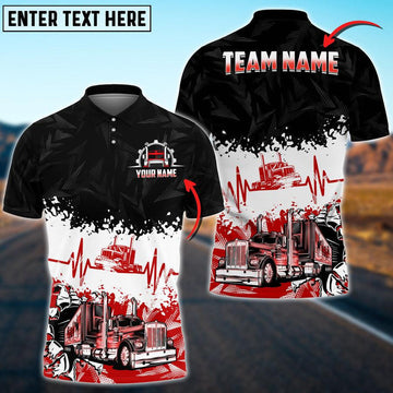 Bluejose Truck Heartbeat Pattern Personalized Name Polo Shirt For Truck Driver Multicolor