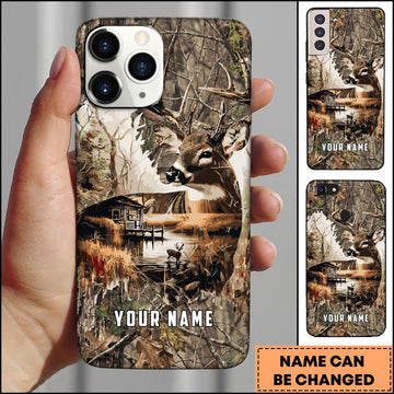 BlueJose Deer Wilderness Cabin Lake Camouflage Style Multicolor Options Personalized Name 3D Phonecase (4 Colors)