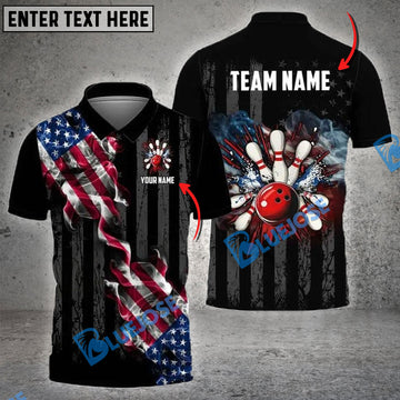 BlueJose Bowling And Pins Black Smoke American Flag Customized Name, Team Name 3D Shirt
