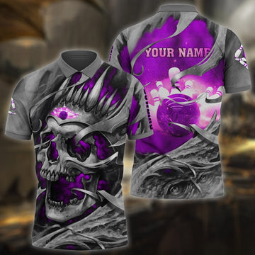 BlueJoses Bowling Skull Pattern Multicolor Customized Name 3D Polo Shirt