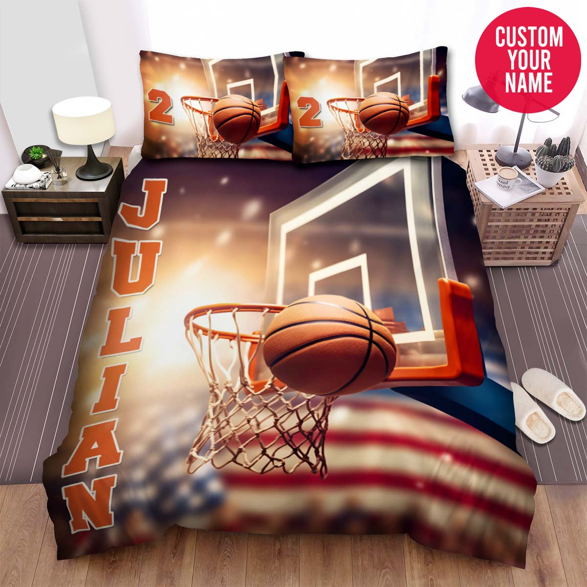 BlueJose Personalized Basketball On Hoop With American Flag Custom Name Duvet Cover Bedding Set