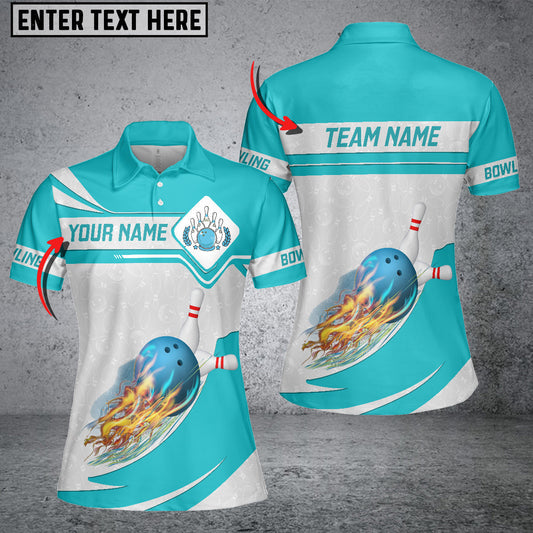 BlueJoses Cyan Bowling Ball Fire White Pins Pattern Premium Customized Name 3D Shirt For Women