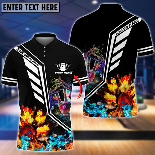 BlueJoses Bowling Ball Crashing The Pins Fire And Water Pattern Customized Name All Over Printed Shirt