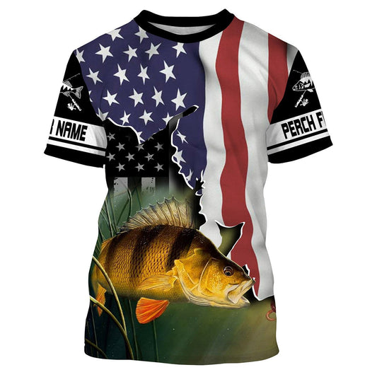 Bluejose Yellow Perch Fishing American Flag Custom Long Sleeve Fishing Shirts, Patriotic Tournament Fishing Shirts