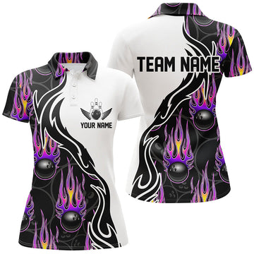 BlueJoses Purple Flame Bowling Ball Pattern Premium Customized Name 3D Shirt For Women