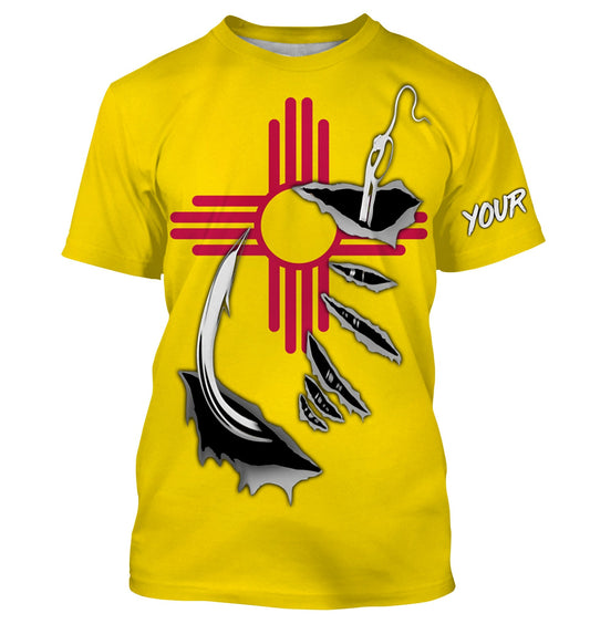 Bluejose Nm Fishing 3D Fish Hook New Mexico Flag   Quick Dry Customize Name Long Sleeves Shirts