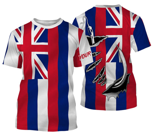 Bluejose Hawaii State Fishing Custom Hawaiian Flag 3D Fish Hook   Long Sleeve  Personalized  Gifts