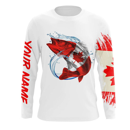 Bluejose Personalized Walleye Fishing Jerseys, Custom Canadian Flag Walleye Long Sleeve, Long Sleeve Hooded