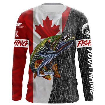 Bluejose Personalized Northern Pike Fishing Jerseys, Custom Canadian Flag Pike Long Sleeve, Long Sleeve Hooded