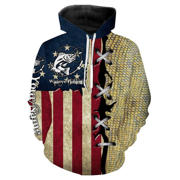 BlueJose Walleye Fishing American Flag Custome Name 3D Hoodie