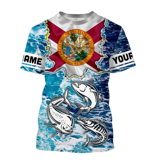 Bluejose Florida Flag Mahimahi, Wahoo, Tuna Blue Camo Performance Fishing Shirt   Customize Name Long Sleeves
