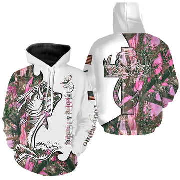 BlueJose Fishing And Hunting Deer And Bass Pink Camo 3D Hoodie