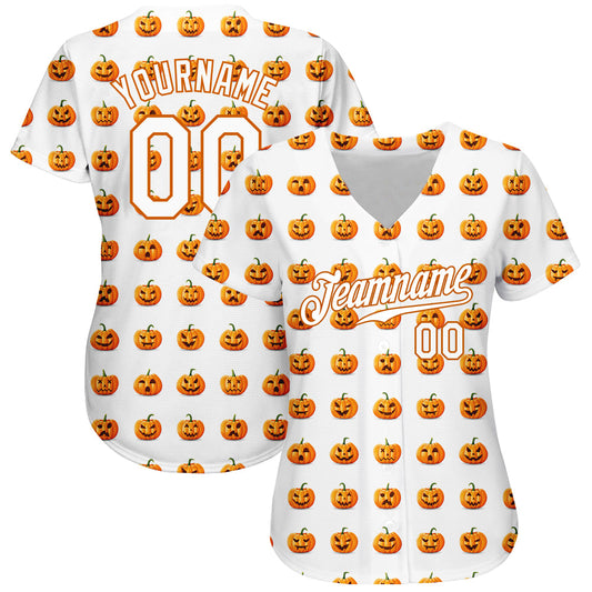 BlueJose Custom White White-Texas Orange 3D Pattern Design Halloween Pumpkins Funny Faces Baseball Jersey