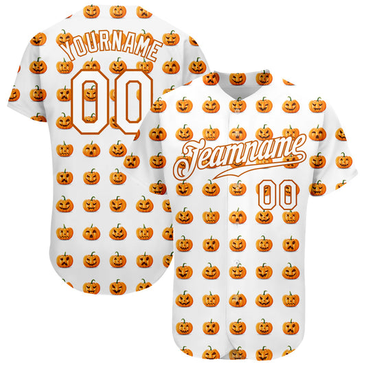 BlueJose Custom White White-Texas Orange 3D Pattern Design Halloween Pumpkins Funny Faces Baseball Jersey