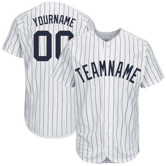 BlueJose Custom White Navy Pinstripe Navy Baseball Jersey