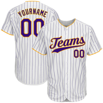 BlueJose Custom White Purple Pinstripe Purple-Gold Authentic Baseball Jersey