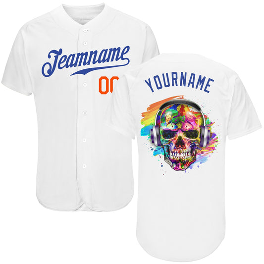 BlueJose Custom White Royal-Orange Skull Fashion Baseball Jersey