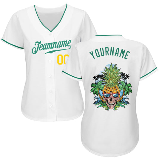 BlueJose Custom White Kelly Green-Gold Authentic Skull Pineapple Head Baseball Jersey