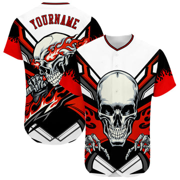 BlueJose Custom White Red-Black 3D Skull Baseball Jersey